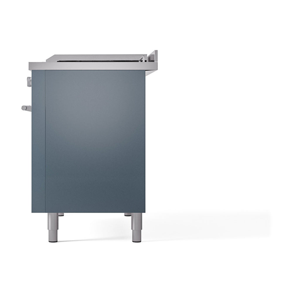 Blue grey dual-fuel range side view with rear vent and matching legs