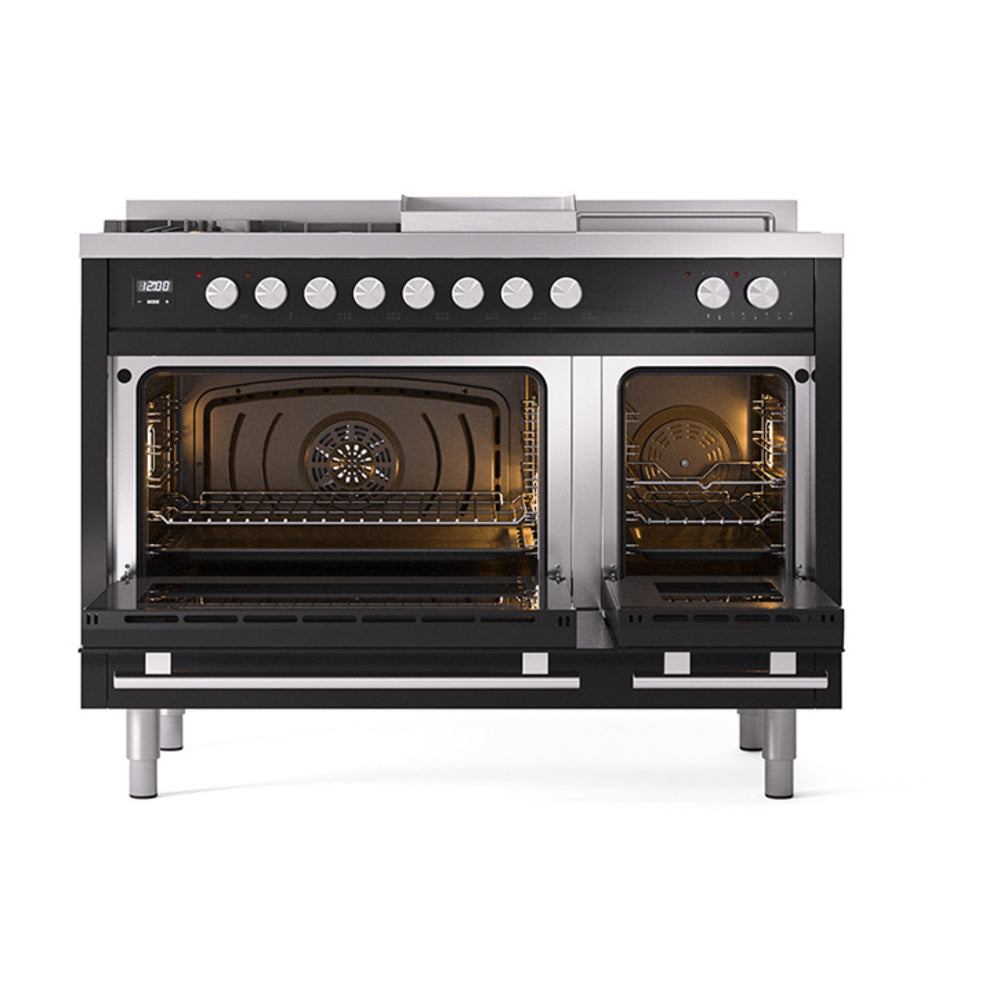 Open oven compartments of glossy black dual fuel range with racks and interior lights