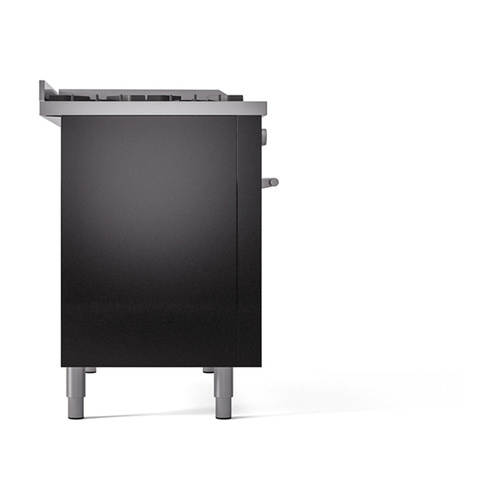 Glossy black range with solid oven door, metal legs, and rear controls, side view