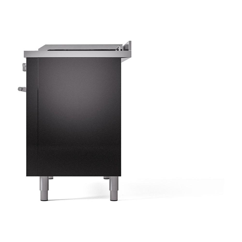 Glossy black range with solid oven doors and adjustable metal legs, side view