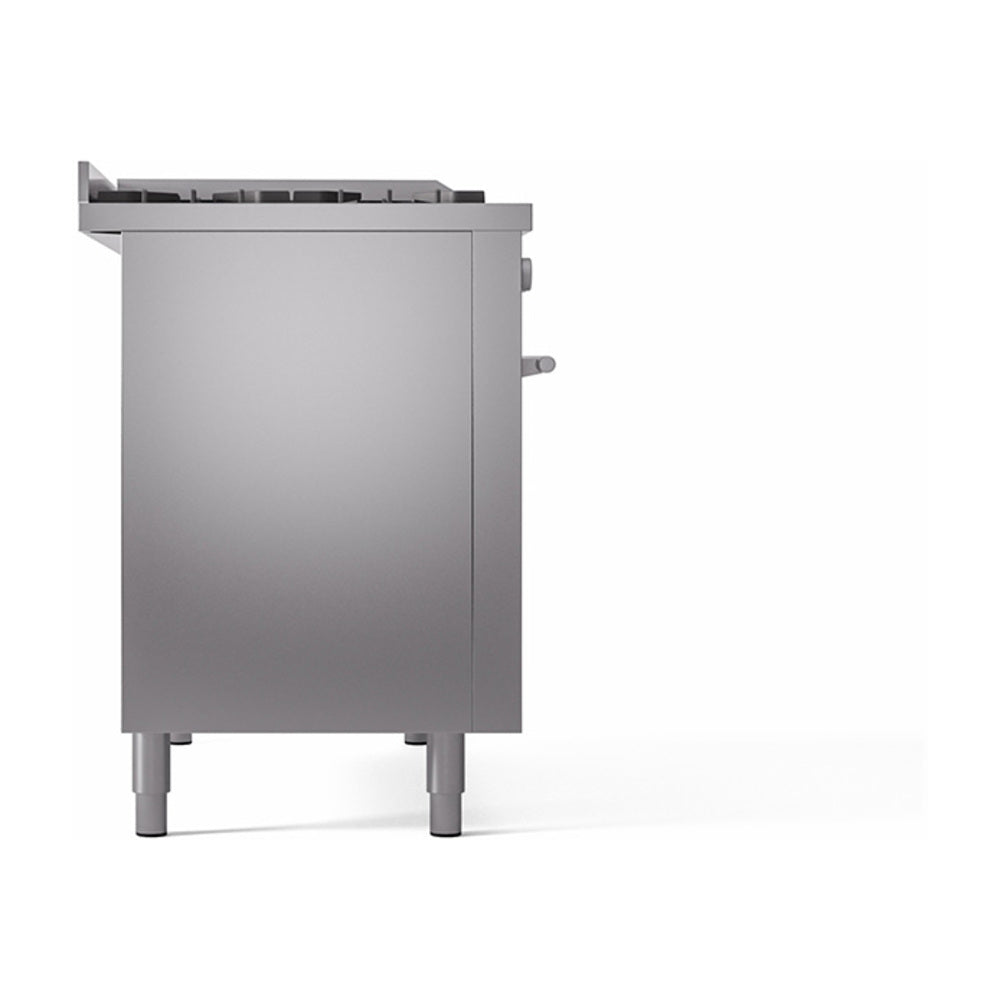 ILVE dual fuel range side view with solid panels and adjustable legs, stainless steel.