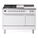 ILVE Professional Plus II 48-inch Natural Gas Dual Fuel Range with 5 Burners, Griddle, & French Top with Solid Door Oven in White (UP48FSQMPWH)