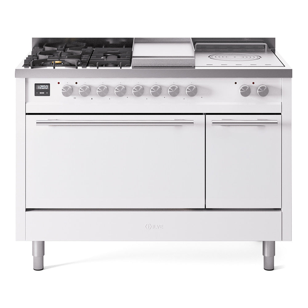 White gas range front view with five burners, griddle, and control knobs