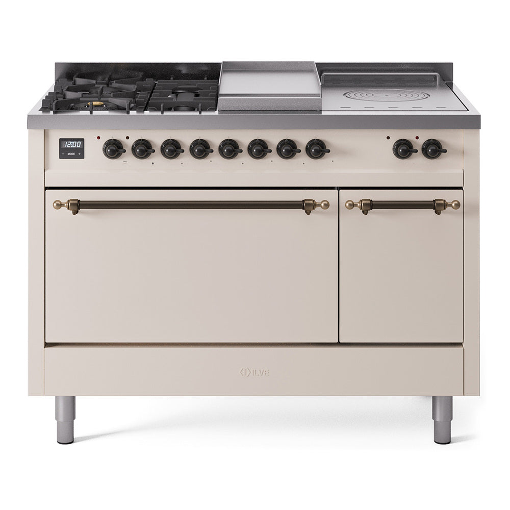 Antique white dual-fuel range with 5 burners, griddle, bronze trim, front control knobs