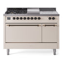ILVE Nostalgie II 48-Inch Propane Gas Dual Fuel Range with 5 Burners, Griddle, & French Top, with Solid Door Oven in Antique White with Bronze Trim (UP48FSQNMPAWBLP)