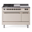 ILVE Nostalgie II 48-Inch Natural Gas Dual Fuel Range with 5 Burners, Griddle, & French Top, with Solid Door Oven in Antique White with Bronze Trim (UP48FSQNMPAWB)