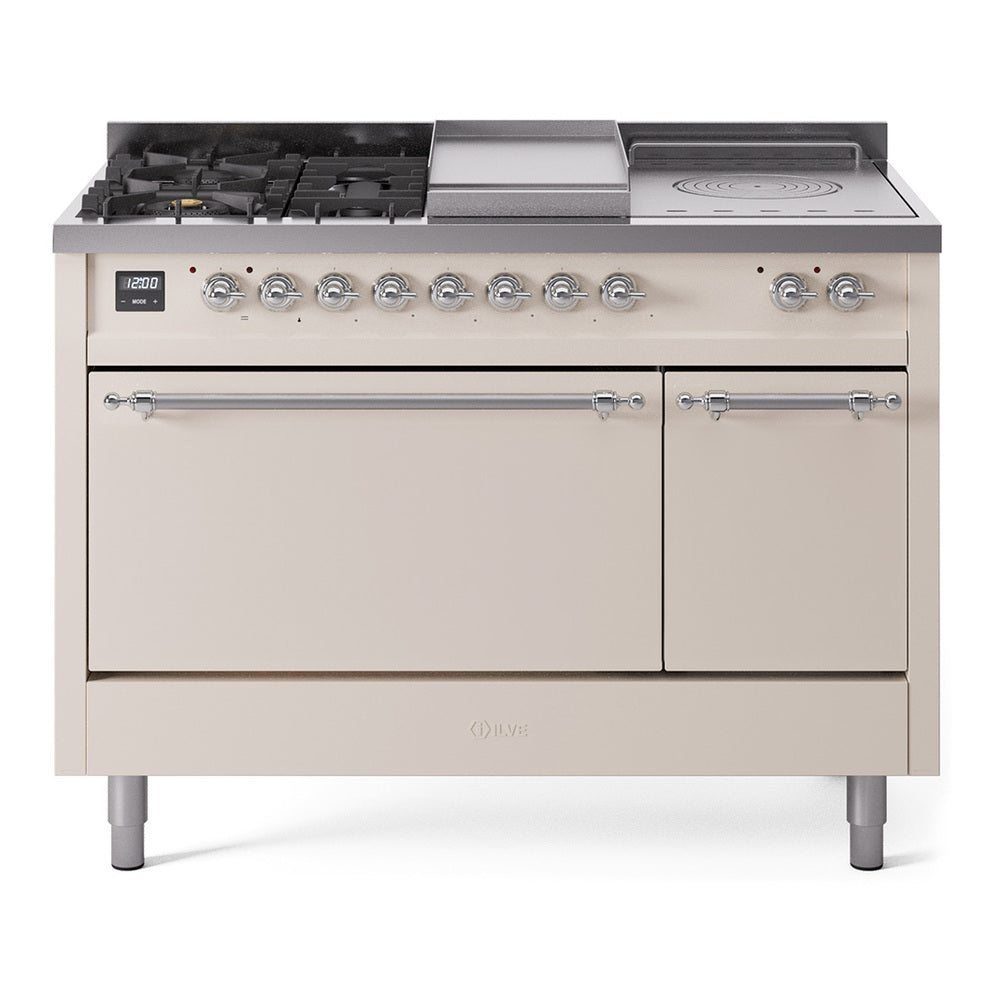 Antique white dual-fuel gas range with chrome trim, burners, knobs and oven doors