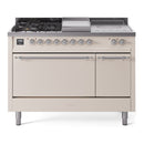 ILVE Nostalgie II 48-Inch Propane Gas Dual Fuel Range with 5 Burners, Griddle, & French Top, with Solid Door Oven in Antique White with Chrome Trim (UP48FSQNMPAWCLP)