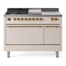 ILVE Nostalgie II 48-Inch Propane Gas Dual Fuel Range with 5 Burners, Griddle, & French Top, with Solid Door Oven in Antique White with Brass Trim (UP48FSQNMPAWGLP)
