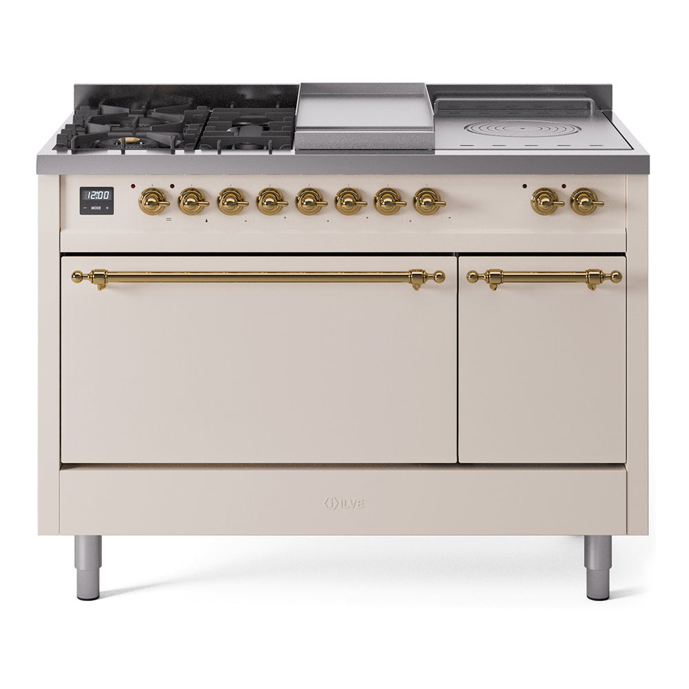 Antique white dual-fuel range with brass knobs, griddle, and French top
