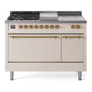 ILVE Nostalgie II 48-Inch Natural Gas Dual Fuel Range with 5 Burners, Griddle, & French Top, with Solid Door Oven in Antique White with Brass Trim (UP48FSQNMPAWG)