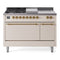 ILVE Nostalgie II 48-Inch Natural Gas Dual Fuel Range with 5 Burners, Griddle, & French Top, with Solid Door Oven in Antique White with Brass Trim (UP48FSQNMPAWG)