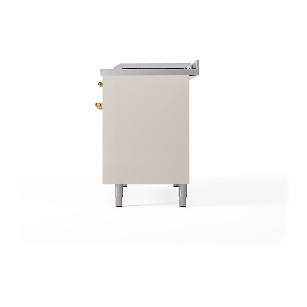 Dual fuel range back panel in antique white with brass connectors and four legs