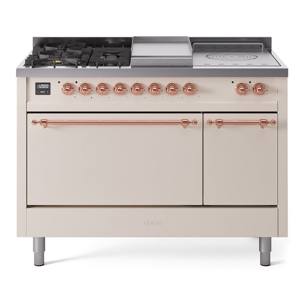 Antique white gas range with multiple burners, griddle, and two oven doors
