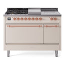 ILVE Nostalgie II 48-Inch Dual Fuel Range with 5 Burners, Griddle, & French Top, with Solid Door Oven in Antique White with Copper Trim (UP48FSQNMPAWP)