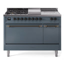 ILVE Nostalgie II 48-Inch Natural Gas Dual Fuel Range with 5 Burners, Griddle, & French Top, with Solid Door Oven in Blue Grey with Bronze Trim (UP48FSQNMPBGB)