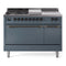 ILVE Nostalgie II 48-Inch Natural Gas Dual Fuel Range with 5 Burners, Griddle, & French Top, with Solid Door Oven in Blue Grey with Bronze Trim (UP48FSQNMPBGB)