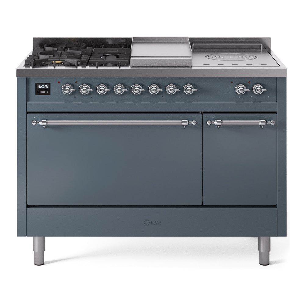 Blue-gray dual-fuel gas range front view with burner knobs, griddle, and double doors