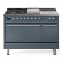 ILVE Nostalgie II 48-Inch Propane Gas Dual Fuel Range with 5 Burners, Griddle, & French Top, with Solid Door Oven in Blue Grey with Chrome Trim (UP48FSQNMPBGCLP)