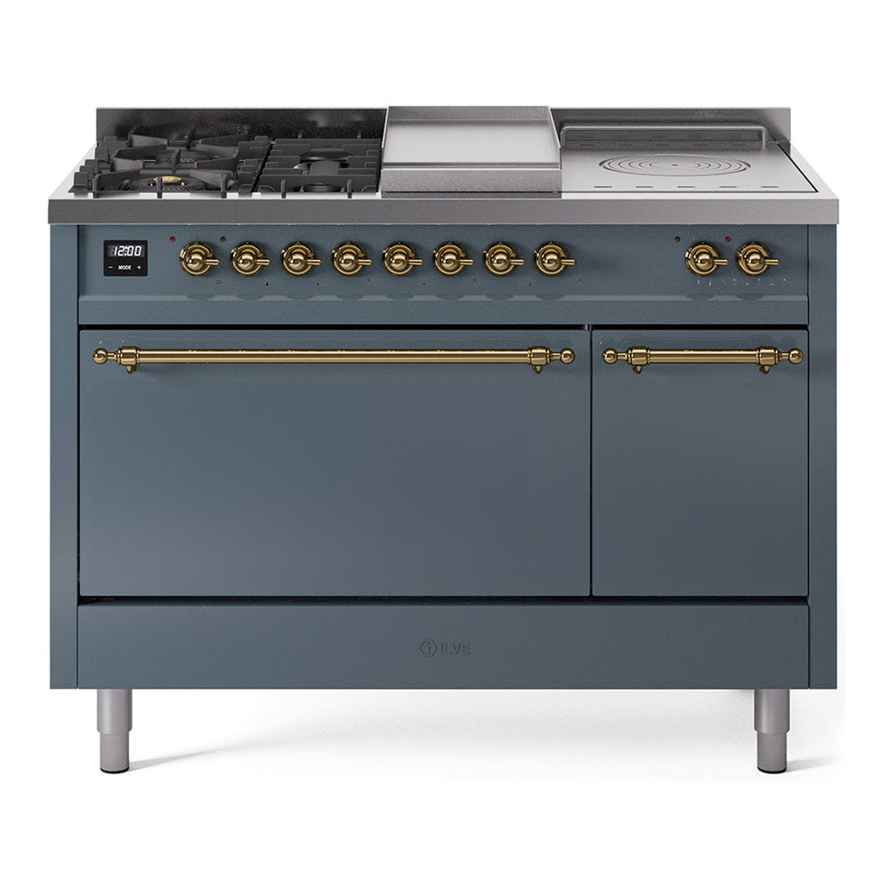 ILVE blue grey dual fuel range with brass-trim controls and solid door oven