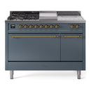 ILVE Nostalgie II 48-Inch Propane Gas Dual Fuel Range with 5 Burners, Griddle, & French Top, with Solid Door Oven in Blue Grey with Brass Trim (UP48FSQNMPBGGLP)