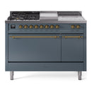 ILVE Nostalgie II 48-Inch Natural Gas Dual Fuel Range with 5 Burners, Griddle, & French Top, with Solid Door Oven in Blue Grey with Brass Trim (UP48FSQNMPBGG)