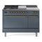 ILVE Nostalgie II 48-Inch Natural Gas Dual Fuel Range with 5 Burners, Griddle, & French Top, with Solid Door Oven in Blue Grey with Brass Trim (UP48FSQNMPBGG)