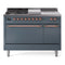 ILVE Nostalgie II 48-Inch Natural Gas Dual Fuel Range with 5 Burners, Griddle, & French Top, with Solid Door Oven in Blue Grey with Copper Trim (UP48FSQNMPBGP)