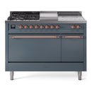 ILVE Nostalgie II 48-Inch Propane Gas Dual Fuel Range with 5 Burners, Griddle, & French Top, with Solid Door Oven in Blue Grey with Copper Trim (UP48FSQNMPBGPLP)