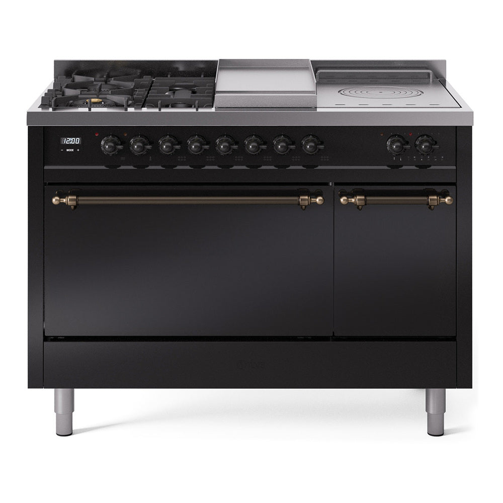 Glossy black gas range with burner knobs and flat griddle surface on top