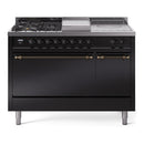 ILVE Nostalgie II 48-Inch Propane Gas Dual Fuel Range with 5 Burners, Griddle, & French Top, with Solid Door Oven in Glossy Black with Bronze Trim (UP48FSQNMPBKBLP)