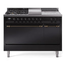 ILVE Nostalgie II 48-Inch Natural Gas Dual Fuel Range with 5 Burners, Griddle, & French Top, with Solid Door Oven in Glossy Black with Bronze Trim (UP48FSQNMPBKB)