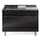 ILVE Nostalgie II 48-Inch Natural Gas Dual Fuel Range with 5 Burners, Griddle, & French Top, with Solid Door Oven in Glossy Black with Bronze Trim (UP48FSQNMPBKB)