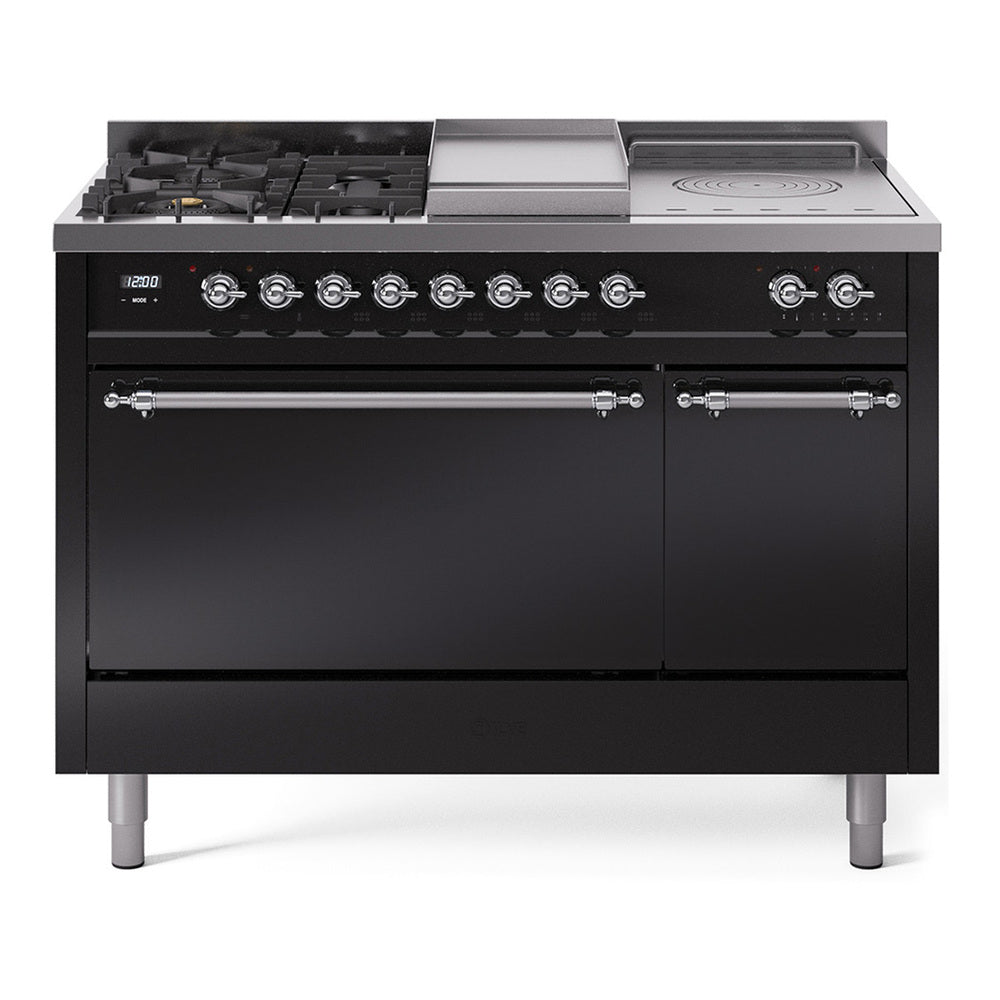 Glossy black dual fuel range with five burners, griddle section, and control knobs