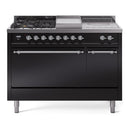 ILVE Nostalgie II 48-Inch Propane Gas Dual Fuel Range with 5 Burners, Griddle, & French Top, with Solid Door Oven in Glossy Black with Chrome Trim (UP48FSQNMPBKCLP)