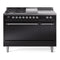 ILVE Nostalgie II 48-Inch Natural Gas Dual Fuel Range with 5 Burners, Griddle, & French Top, with Solid Door Oven in Glossy Black with Chrome Trim (UP48FSQNMPBKC)