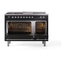 ILVE Nostalgie II 48-Inch Propane Gas Dual Fuel Range with 5 Burners, Griddle, & French Top, with Solid Door Oven in Glossy Black with Chrome Trim (UP48FSQNMPBKCLP)