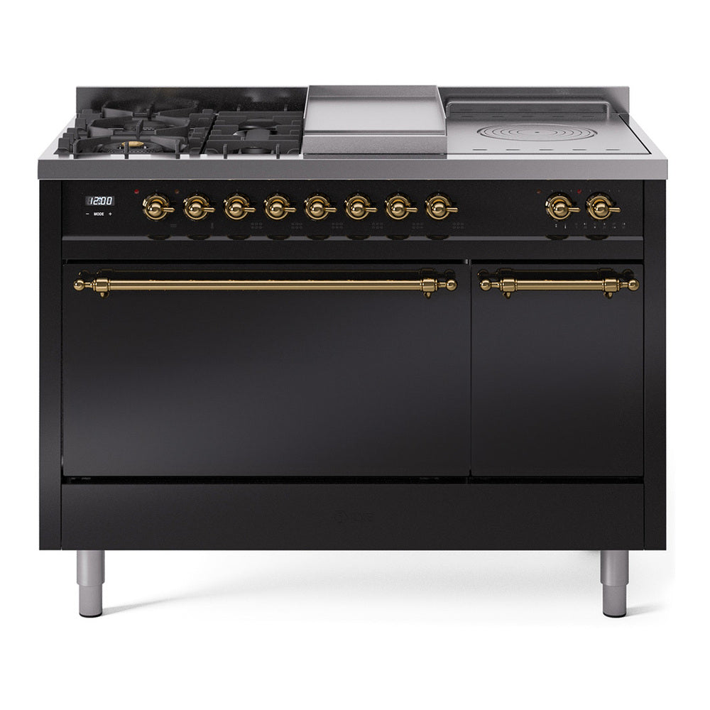 Glossy black gas range with brass-trim knobs, burners, and griddle top