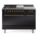 ILVE Nostalgie II 48-Inch Propane Gas Dual Fuel Range with 5 Burners, Griddle, & French Top, with Solid Door Oven in Glossy Black with Brass Trim (UP48FSQNMPBKGLP)