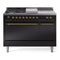 ILVE Nostalgie II 48-Inch Natural Gas Dual Fuel Range with 5 Burners, Griddle, & French Top, with Solid Door Oven in Glossy Black with Brass Trim (UP48FSQNMPBKG)