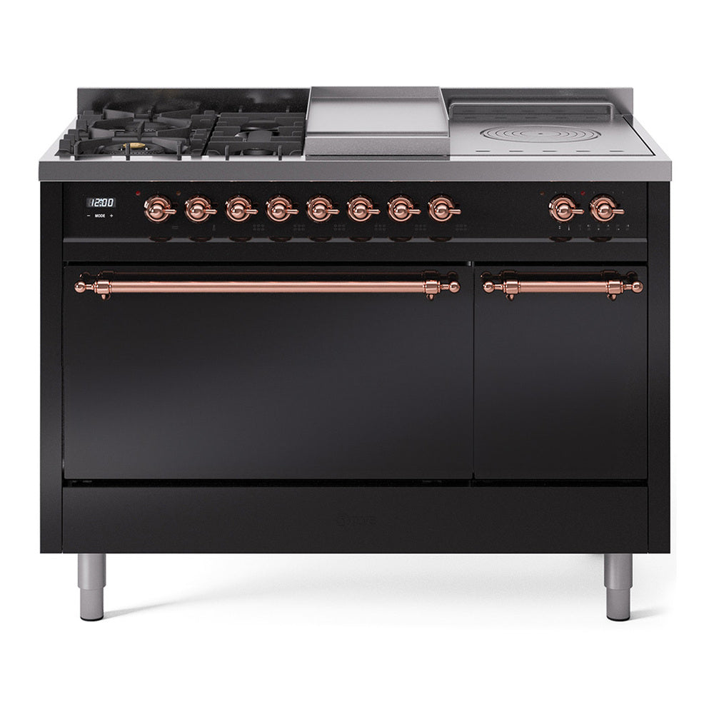 Black dual fuel gas range front view with burner knobs, griddle surface, and copper accents