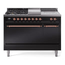 ILVE Nostalgie II 48-Inch Propane Gas Dual Fuel Range with 5 Burners, Griddle, & French Top, with Solid Door Oven in Glossy Black with Copper Trim (UP48FSQNMPBKPLP)