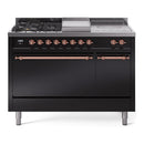 ILVE Nostalgie II 48-Inch Natural Gas Dual Fuel Range with 5 Burners, Griddle, & French Top, with Solid Door Oven in Glossy Black with Copper Trim (UP48FSQNMPBKP)