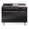 ILVE Nostalgie II 48-Inch Natural Gas Dual Fuel Range with 5 Burners, Griddle, & French Top, with Solid Door Oven in Glossy Black with Copper Trim (UP48FSQNMPBKP)