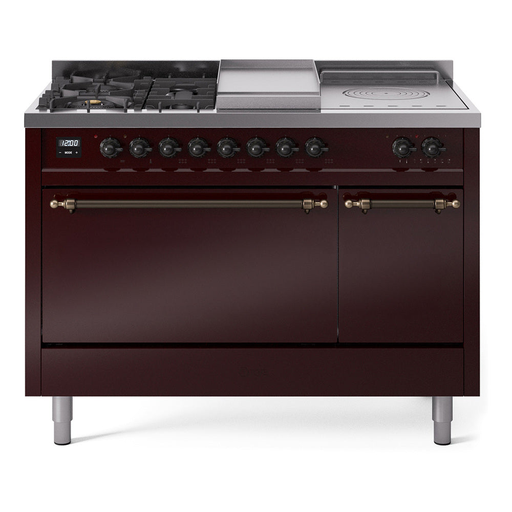 Burgundy dual fuel range with five burners and griddle, bronze trim, solid-door oven
