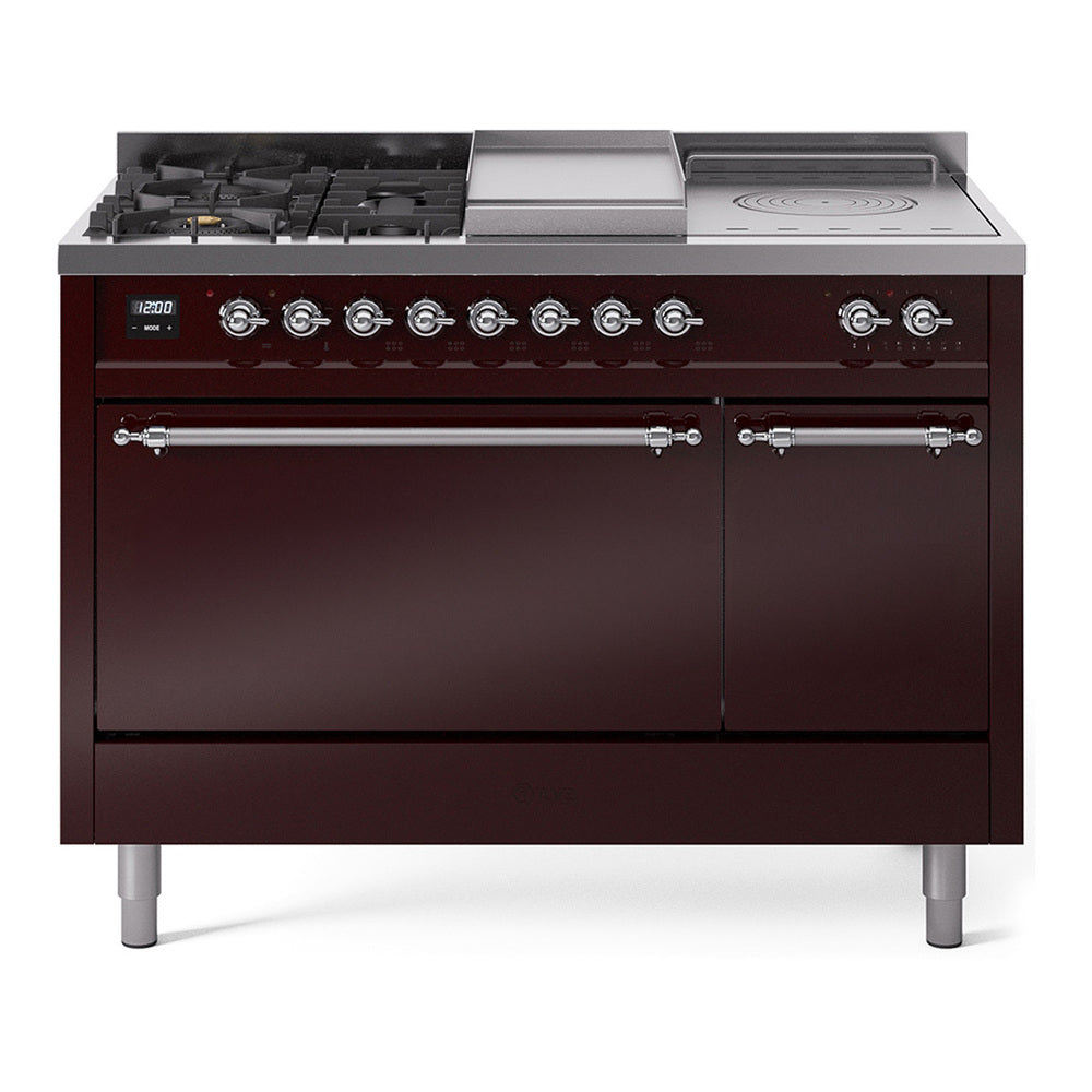 Burgundy dual fuel range with griddle, French top, and front control knobs