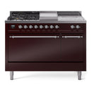 ILVE Nostalgie II 48-Inch Propane Gas Dual Fuel Range with 5 Burners, Griddle, & French Top, with Solid Door Oven in Burgundy with Chrome Trim (UP48FSQNMPBUCLP)