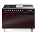 ILVE Nostalgie II 48-Inch Natural Gas Dual Fuel Range with 5 Burners, Griddle, & French Top, with Solid Door Oven in Burgundy with Chrome Trim (UP48FSQNMPBUC)
