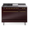 ILVE Nostalgie II 48-Inch Natural Gas Dual Fuel Range with 5 Burners, Griddle, & French Top, with Solid Door Oven in Burgundy with Brass Trim (UP48FSQNMPBUG)