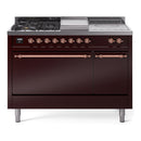 ILVE Nostalgie II 48-Inch Propane Gas Dual Fuel Range with 5 Burners, Griddle, & French Top, with Solid Door Oven in Burgundy with Copper Trim (UP48FSQNMPBUPLP)